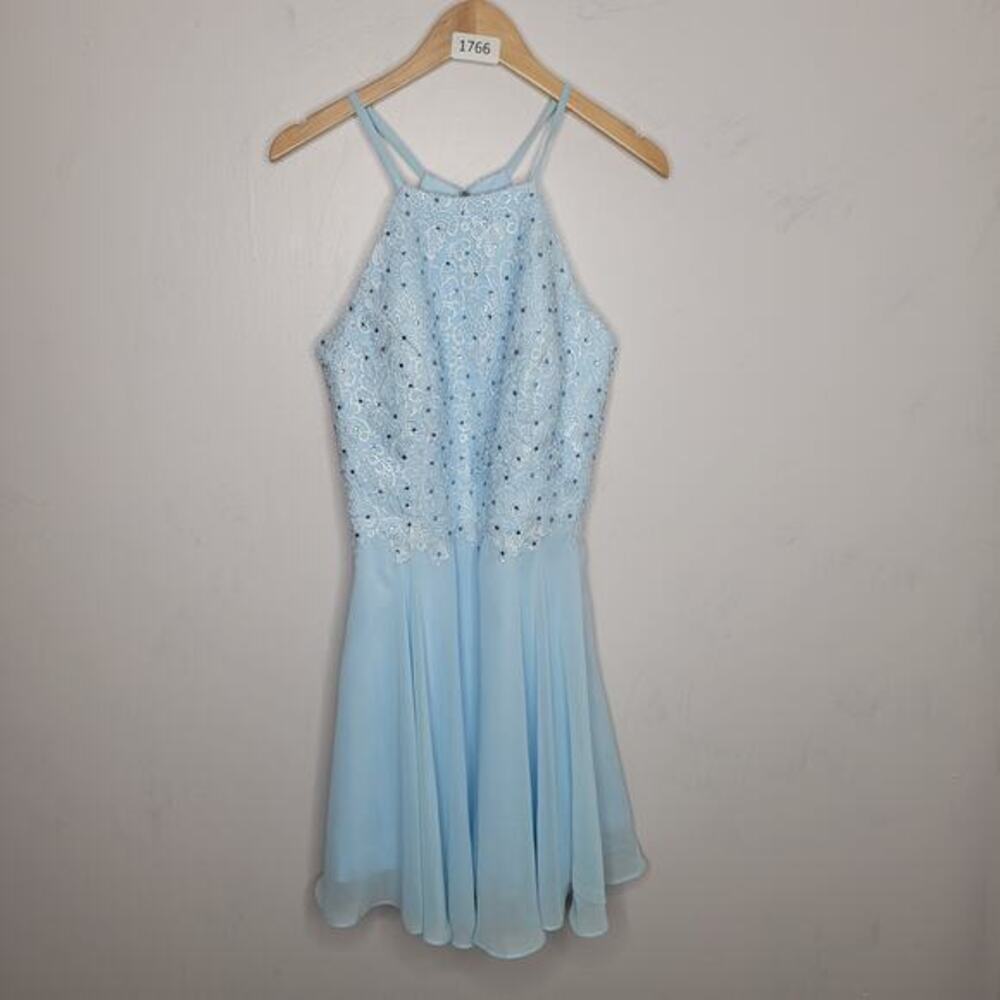 Vnaix Dress Jeweled Crochet Bodice Chiffon Size 12 Blue Open Back‎ Event Evening